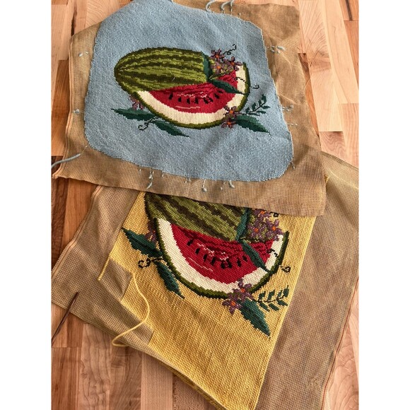 Unbranded Other - Vintage Needlepoint Set of 2 Watermelon Flowers Blue & Yellow Work in Progress
